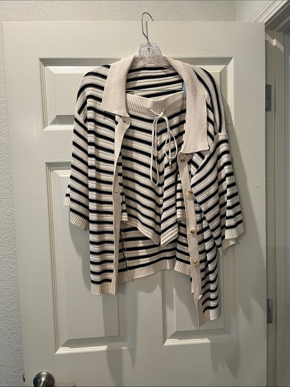 Striped Knit Two-Piece Sweater Set in Cream and Black